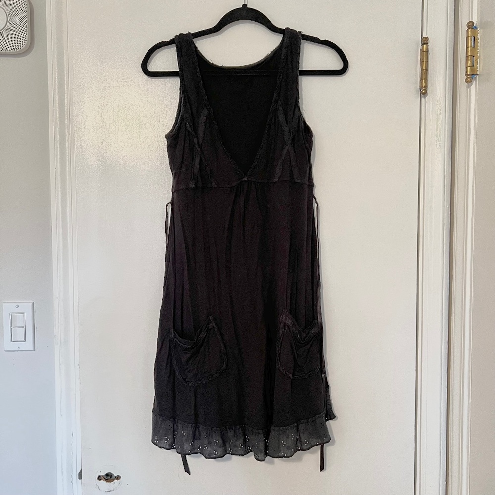 Vintage Witchy Fairy Cottagecore Black Cotton Lace Ribbon & Pocket Dress